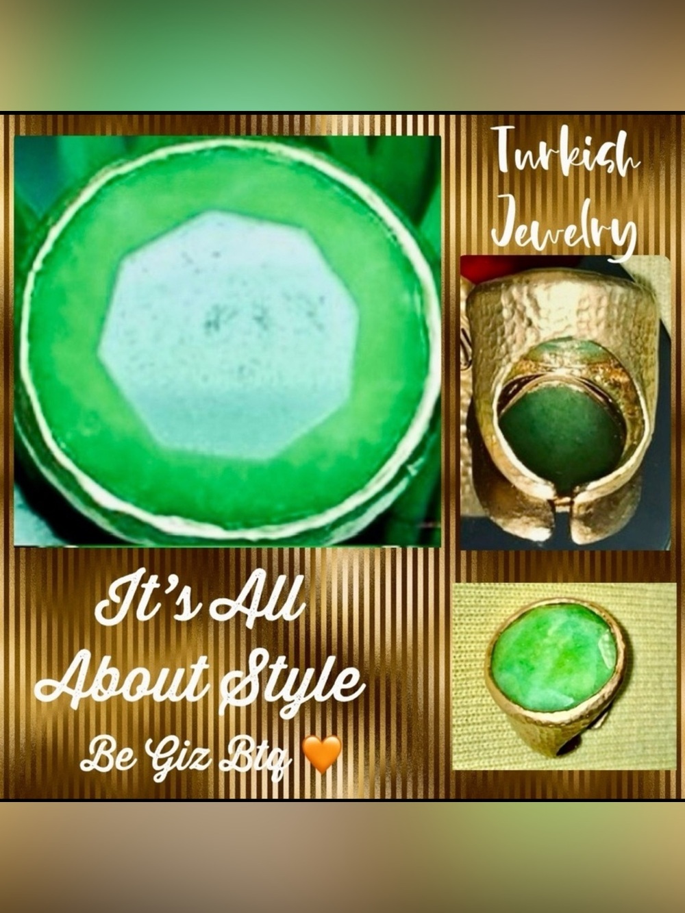 🆕🔥🔥Turkish Jewelry Ring In Gold Bath Over Metal With Stunning Green Chatee Stone
